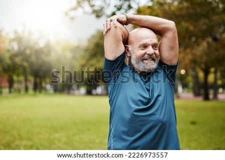Stretching, fitness and running with old man in park for health, workout or sports with mockup. Warm up, retirement and exercise with senior runner in nature for training, jogger and cardio endurance Royalty-Free Stock Photo #2226973557