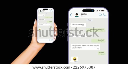 Man or woman realistic hand holding purple mobile phone with social network concept. Realistic smartphone with messaging app. Messenger window. Chatting and messaging concept. Vector.