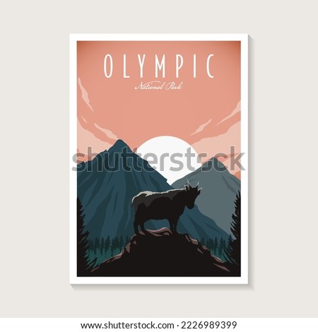 Mountain Goat in Olympic National Park poster vector illustration design, Mountain Goat and mountain landscape poster design Royalty-Free Stock Photo #2226989399