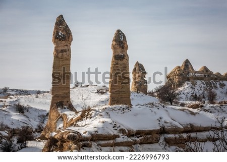 Phallus shaped rocks in the Love valley. Winter landscape during sunrise in Cappadocia, Goreme National Park, Turkey.