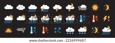 Weather icon set. Weather forecast vector icons for web and application. Contain symbol of rain, clouds, snowy, sunny, storm, lightning, hot and cold temperature. Vectors stock illustration.