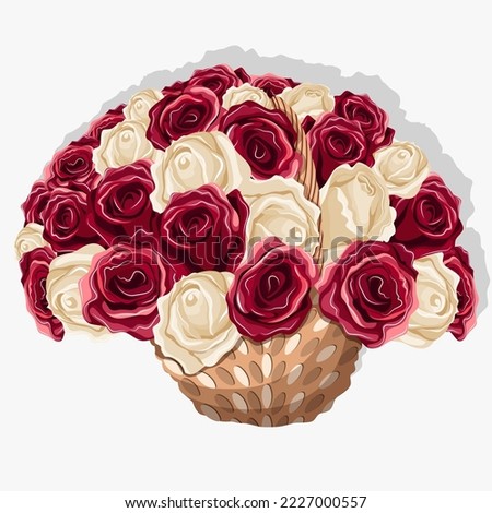 Vector illustration of bouquet of roses. Red and white roses in wicker basket isolated on white. Happy Valentine's day, clip art, shop, Mothers day, gift concept.
