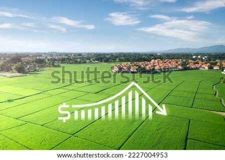 Land, landscape or green field in aerial view. Include house building, bar chart or graph, drop down arrow. Real estate or property with concept for sale price, land value to decrease, reduction, low. Royalty-Free Stock Photo #2227004953