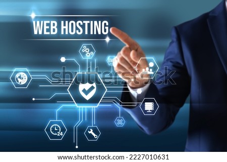 Man pointing at virtual icon with phrase Web Hosting on color background, closeup