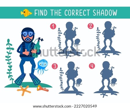 Find correct shadow. Cute diver with flippers and cartoon-style oxygen tank. Puzzle game for children. Activity, vector illustration.