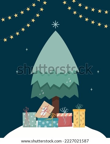 Christmas pine tree with pile of colorful gifts underneath on night sky background with star garland on both sides