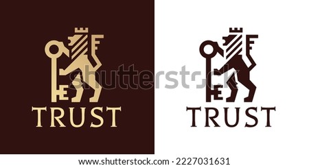 Lion key logo mark design. Real estate icon. Royal trust finance guard symbol. Heraldic animal crown brand emblem. Vector illustration. Royalty-Free Stock Photo #2227031631