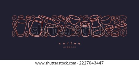 Coffee linear design. Abstract graphic cup, pot, grain. Vector contour golden pattern on black background. Art background for cafe shop Royalty-Free Stock Photo #2227043447