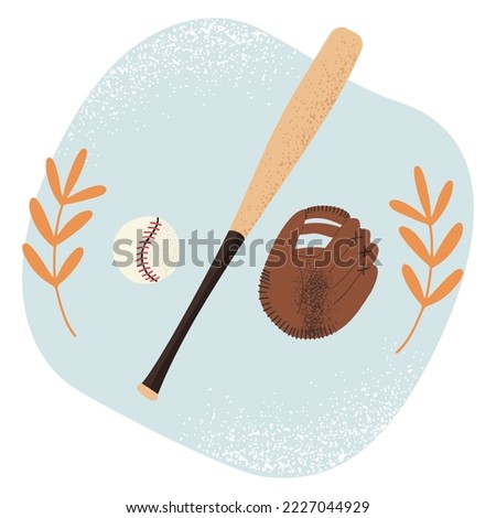 Baseball bat, ball and mitt, hand drawn vector illustration in flat style with grainy texture
