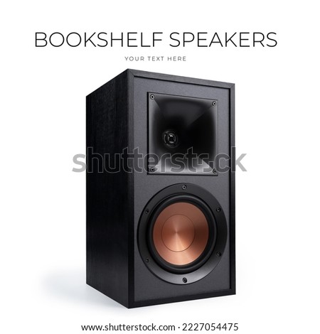 Black loudspeaker with wooden housing on white background - 3D render. High quality photo
