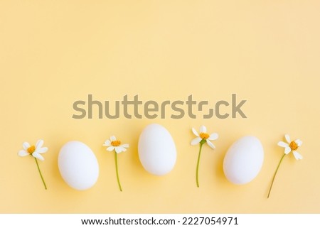 White eggs with White flowers blooming on yellow background, Duck eggs.