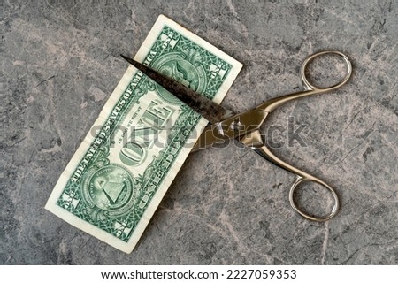 Concept of spending money - scissors cut money of USA Royalty-Free Stock Photo #2227059353
