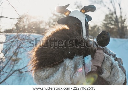 Close up man in animal mask concept photo. Wintertime. Side view photography with human in fur costume on background. High quality picture for wallpaper, travel blog, magazine, article