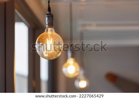 vintage light bulb hanging from ceiling for decoration in living room. Royalty-Free Stock Photo #2227065429