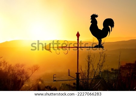 Rooster weather vane at sunrise with bright colors. Concept of early morning wake up Royalty-Free Stock Photo #2227066283