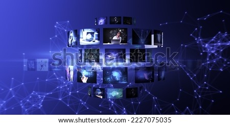 Internet data flow or blogging concept with many digital life style screens and polygonal lines on abstract blue background Royalty-Free Stock Photo #2227075035