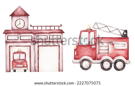 Fire station clip art isolated on white background. Hand drawn by watercolor. Cute kids design in cartoon style. Fire engine, fire station, department 