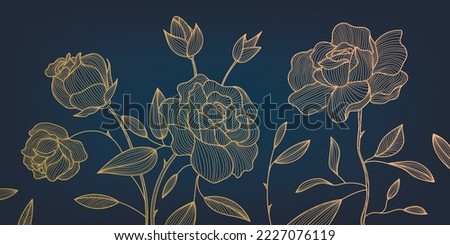Vector art deco luxury flower, roses line pattern, golden background. Hand drawn florals for packaging, social media post, cover, banner, creative post and wall arts. Japanese style. Black and gold  Royalty-Free Stock Photo #2227076119