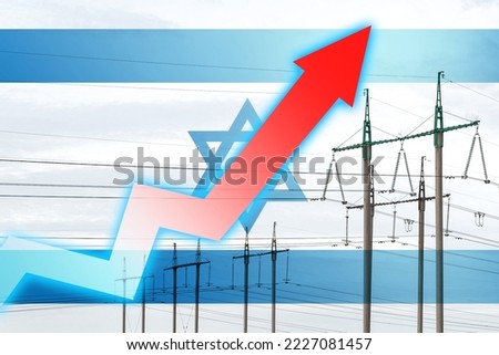 Power line and graph on background of the flag of Israel. Energy crisis. Concept of global energy crisis. Increase in electricity consumption. Arrow on the chart moves up. Increasing cost