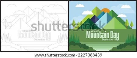 International Mountain Day coloring sheet modern minimalistic vector illustration day and night mountain landscape with sun, moon, stars, clouds, trees and tent.