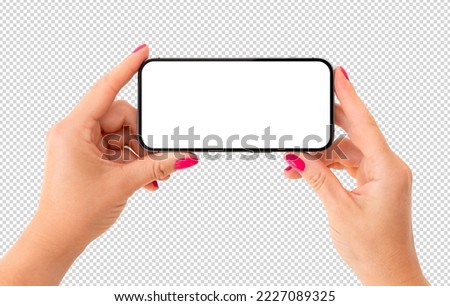 Mobile phone mockup. Woman holding phone in hand both hands.