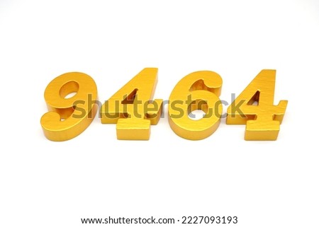    Number 9464 is made of gold-painted teak, 1 centimeter thick, placed on a white background to visualize it in 3D.                               