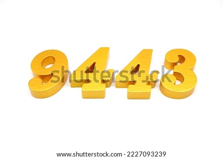    Number 9443 is made of gold-painted teak, 1 centimeter thick, placed on a white background to visualize it in 3D.                                