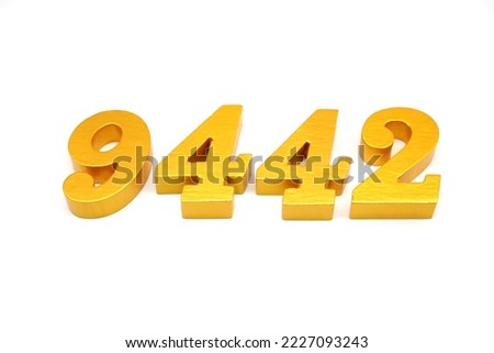    Number 9442 is made of gold-painted teak, 1 centimeter thick, placed on a white background to visualize it in 3D.                                
