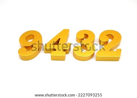    Number 9432 is made of gold-painted teak, 1 centimeter thick, placed on a white background to visualize it in 3D.                                 