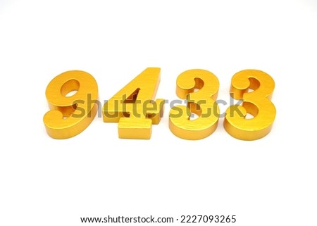    Number 9433 is made of gold-painted teak, 1 centimeter thick, placed on a white background to visualize it in 3D.                                 