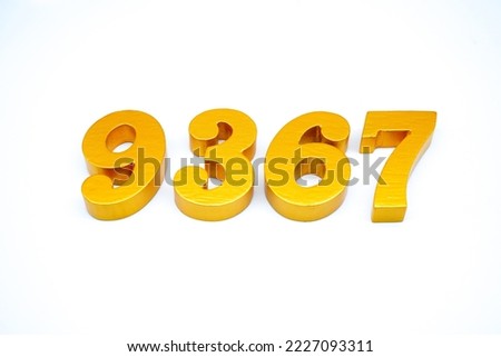    Number 9367 is made of gold-painted teak, 1 centimeter thick, placed on a white background to visualize it in 3D.                                  