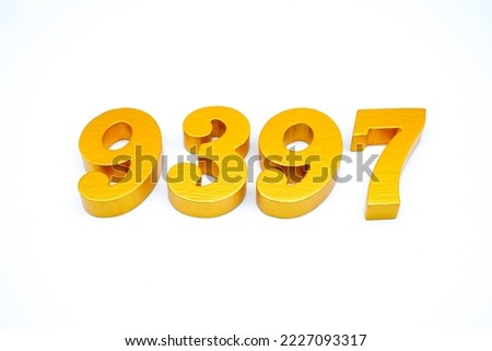   Number 9397 is made of gold-painted teak, 1 centimeter thick, placed on a white background to visualize it in 3D.                                