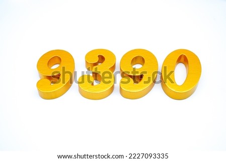  Number 9390 is made of gold-painted teak, 1 centimeter thick, placed on a white background to visualize it in 3D.                                 