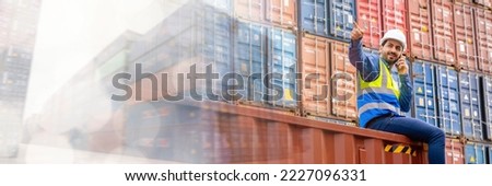 web banner male engineers in a container shipping company Consulting to check the order for the container that is responsible	
