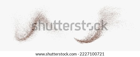 Flying coffee or chocolate powder, dust particles in motion, ground splash isolated on light background. Vector illustration. Royalty-Free Stock Photo #2227100721
