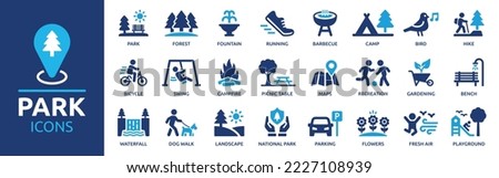 Park icon set. Containing forest, barbecue, camp, bench, picnic and playground icons. Park leisure and outdoor activity symbols. Solid icon collection. Royalty-Free Stock Photo #2227108939