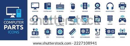 Computer parts icon set. Computer components icons containing monitor, server, cpu, hard drive, ram, webcam, printer and more. Solid icon collection. Royalty-Free Stock Photo #2227108941