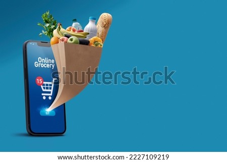 Online grocery app on smartphone and full grocery bag coming out of the smartphone screen, copy space Royalty-Free Stock Photo #2227109219
