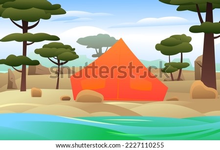 Sand on bank of river. Rocks stones and cliffs. Orange tourist tent. Broken camp. Recreation in the wild. Cartoon fun style. Flat design. Vector
