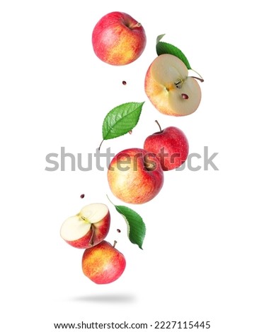 Whole and sliced ​​ripe apples with leaves in the air 