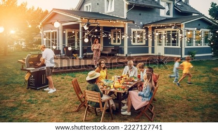 Big Family and Friends Celebrating Outside at Home. Diverse Group of Children, Adults and Old People Gathered at a Table, Having Fun Conversations. Preparing Barbecue and Eating Vegetables. Royalty-Free Stock Photo #2227127741
