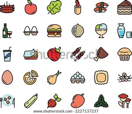 Fodd color icon set - pizza, drink to go, sashimi, rice vodka, wine, burger, pate can, ice cream, cheese plate, french hot dog, ham, kebab, roasted sausages, egg, stand, pack, muffin, cake piece