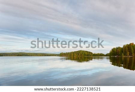 Majestic evergreen forest and Suiro lake (Kulovesi). Finland. Scandinavia, Europe. Reflections in a still water, clear sky. Autumn landscape. Nature, seasons, ecotourism, peace and harmony concepts