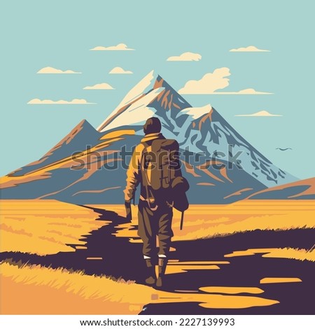 Man hiking in nature. Vector art of an adventurer in nature exploring the outdoors. Travel illustration. Person with a backpack walking. Young man on a journey. Silhouette of trekking. Summer activity Royalty-Free Stock Photo #2227139993