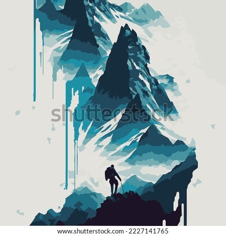 Mountaineer climbing on top of a mountain. Vector illustration of success and hard work. Hiking to the peak. Extreme sport concept. Icon of adventure and expedition. Challenge trekking. Business goals
