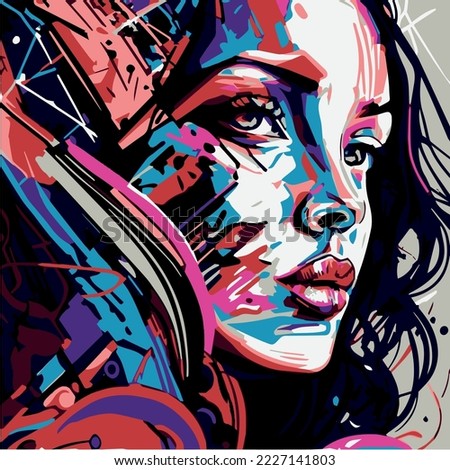 Graffiti woman vector illustration. Pop art modern graphic design. Cartoon style of colorful urban artwork. Beautiful young lady. Spray paint fashion poster. Street art. Cool strong fashion female.