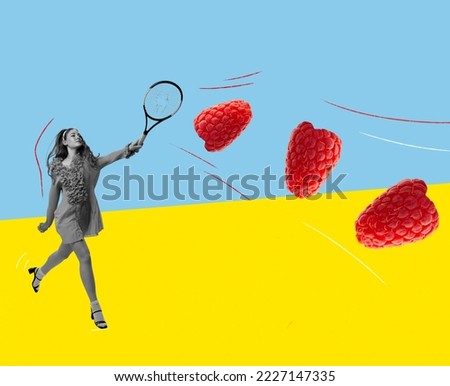 Food pop art photography. Contemporary art. Creative design with young woman playing tennis with raspberry. Healthy lifestyle. Concept of creativity, degustation, retro style. Complementary colors.