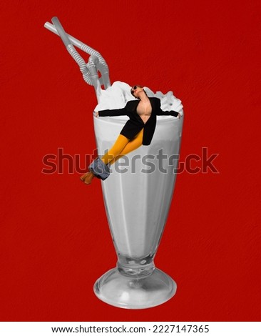Food pop art photography. Contemporary art collage. Young stylish woman leaning on glass with delicious sweet milkshake. Concept of creativity, degustation, retro style. Complementary colors.