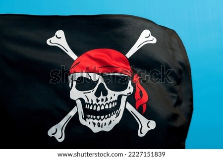 Pirate flag waving on blue background.