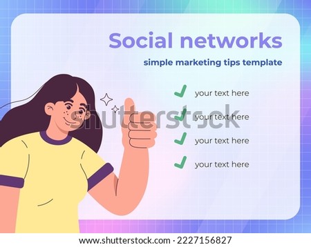 Editable Post Template with cute girl in cartoon style. Social Media Banner for Digital Marketing in rectangular shape. Colorful vector illustration with blue purple gradient.